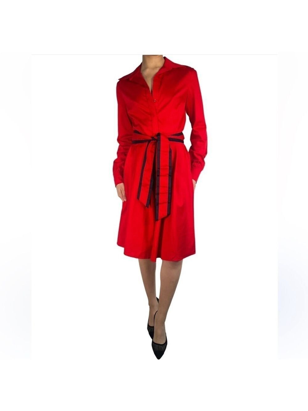 EL GANSO made in Portugal shirt dress pockets self tying belt cotton red size 8